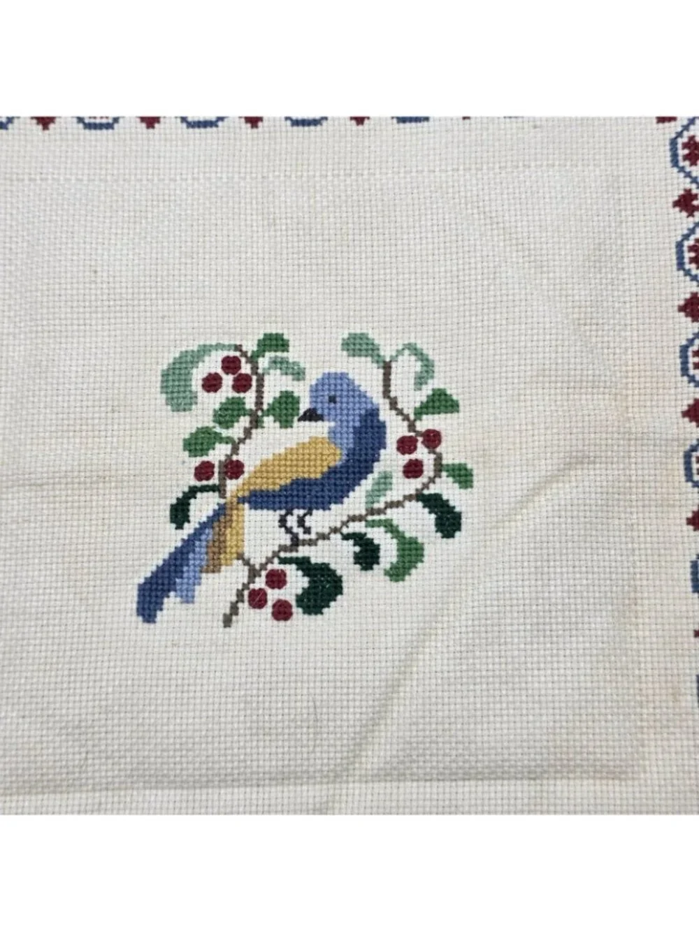 Vintage Folk Art Needlepoint Bird Pillow Top ONLY 12x12 Bluebird Floral Cottage